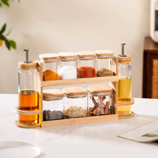 Storage Rack With Set of 7 Spice Jars And Oil Dispensers